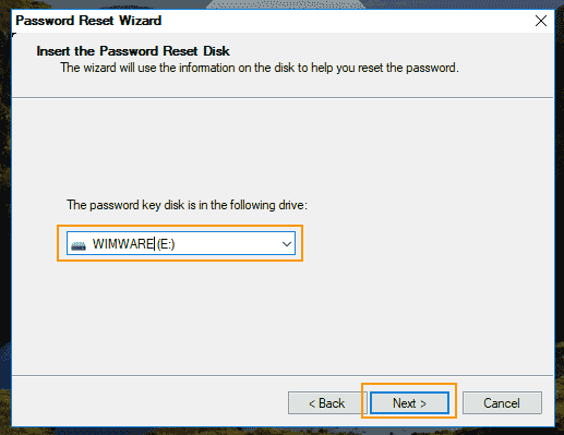 select connected password reset disk