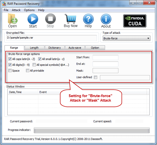 Attack Settings with RAR Password Rescuer