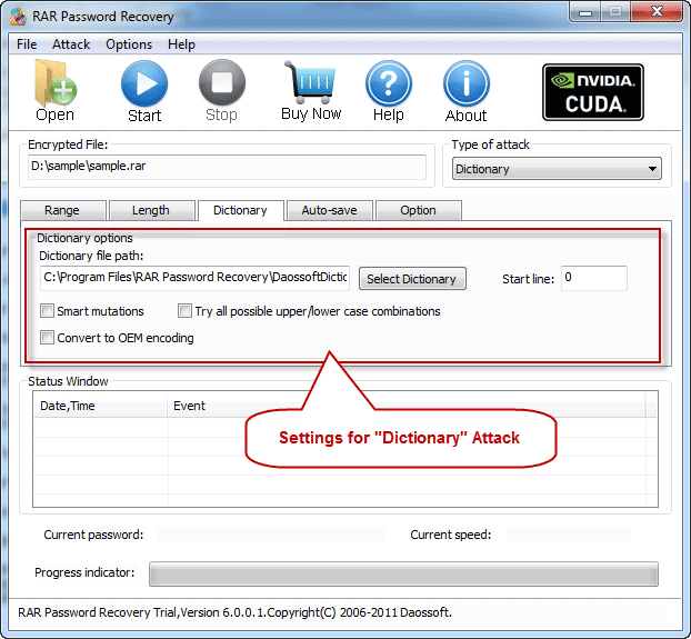 Dictionary settings with RAR Password Rescuer