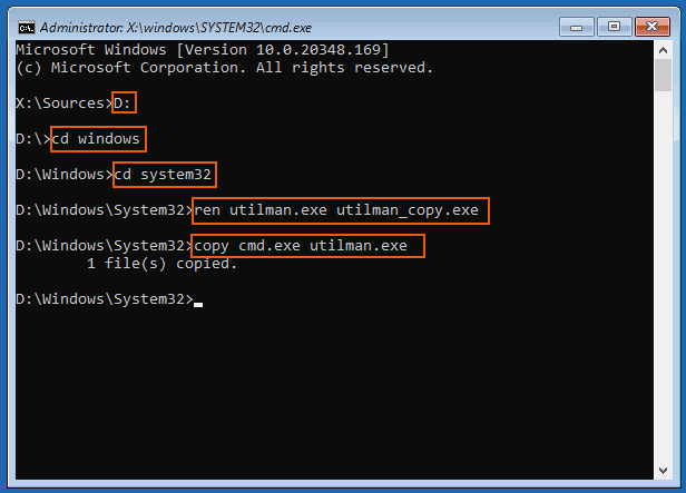 Run commands to copy and replace utiman with cmd