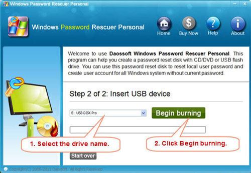 Burn Windows password rescuer to USB