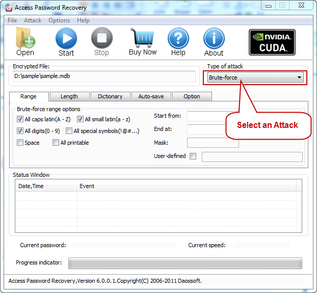 Select an Attack to recover Access mdb or accdb password