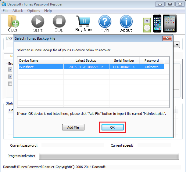 Select your encrypted itunes backup file