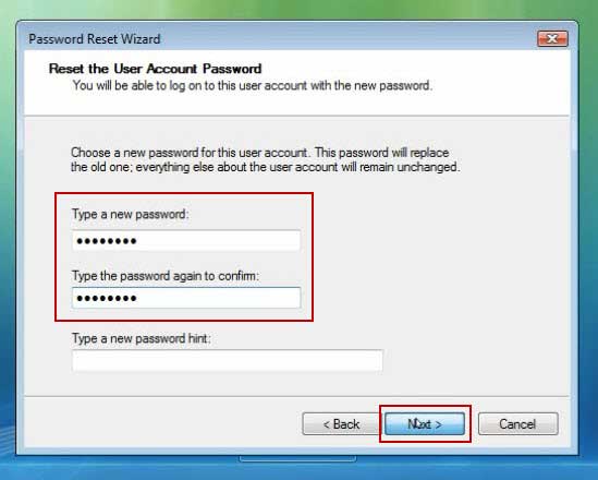 set a new password for the user account