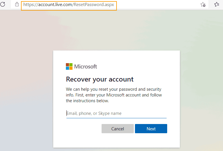 open reset password site of Microsoft