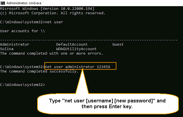 run command to reset password for target user