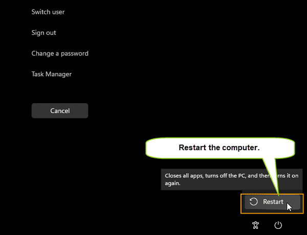 restart and sign in with new password