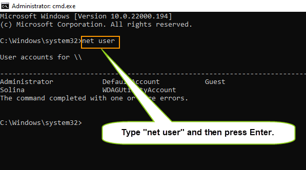 run net user command to list all user accounts