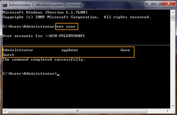 run command to show all user accounts of Windows 7