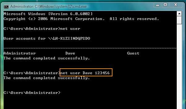 run command line to reset windows vista ultimate admin password