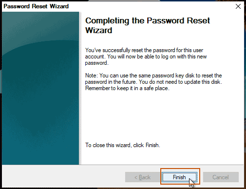 finish password reset wizard