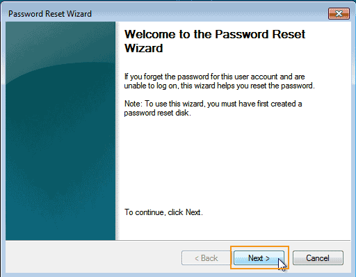 open Windows 7 password reset wizard