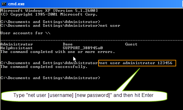 run command to reset user password