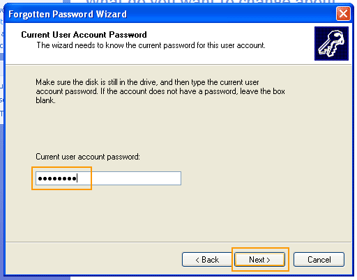 enter current password and click next