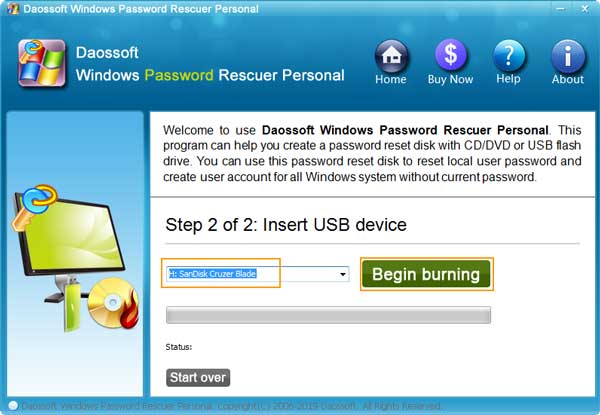 select plugged USB and click Begin burning