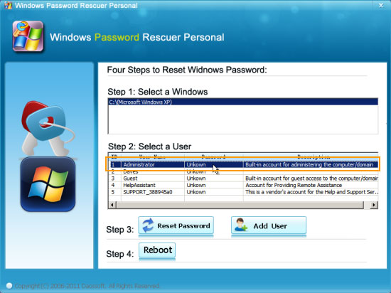select admin account on Windows password rescuer
